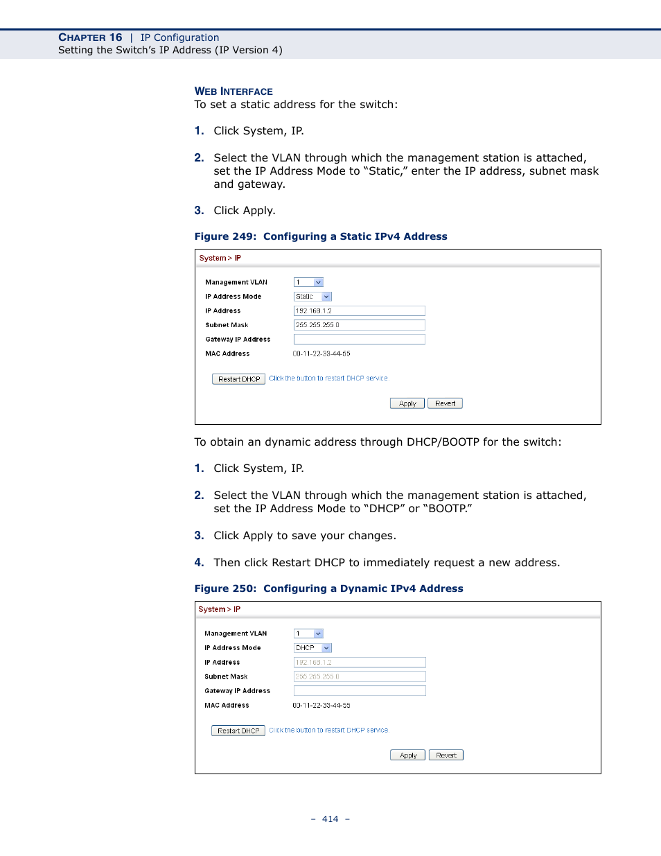 Figure 249: configuring a static ipv4 address, Figure 250: configuring a dynamic ipv4 address | Microsens MS453490M Management Guide User Manual | Page 414 / 984