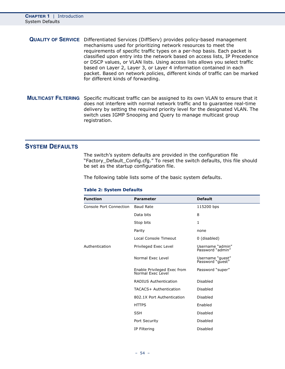 Quality of service, Multicast filtering, System defaults | Table 2: system defaults | Microsens MS453490M Management Guide User Manual | Page 54 / 984