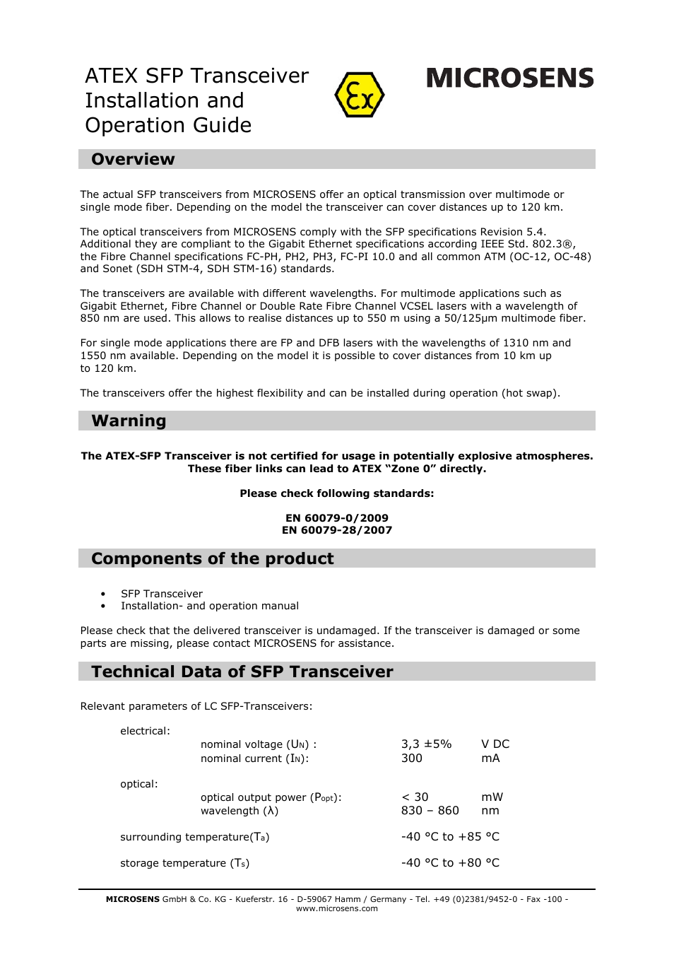 Microsens ATEX SFP-Transceiver User Manual | 2 pages