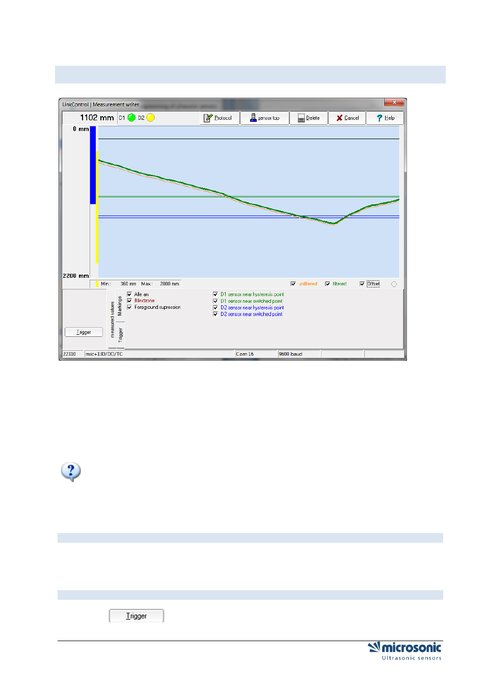 Measurement writer, Minimum/maximum display, Trigger | Microsonic LCA-2 User Manual | Page 46 / 51