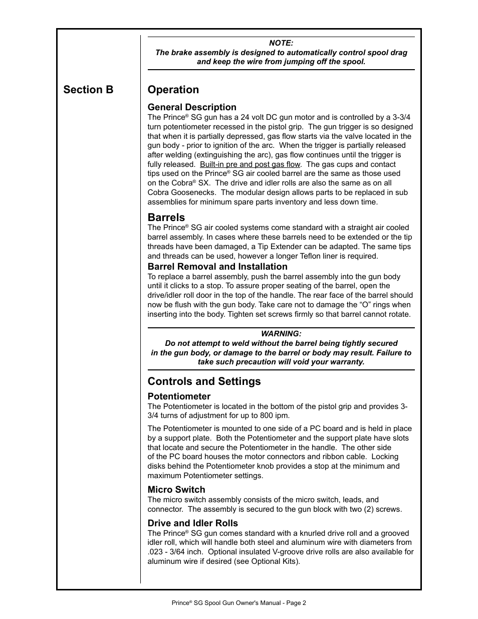 Barrels, Controls and settings | MK Products Prince SG User Manual | Page 10 / 30