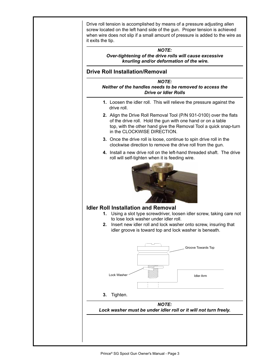 Drive roll installation/removal, Idler roll installation and removal | MK Products Prince SG User Manual | Page 11 / 30