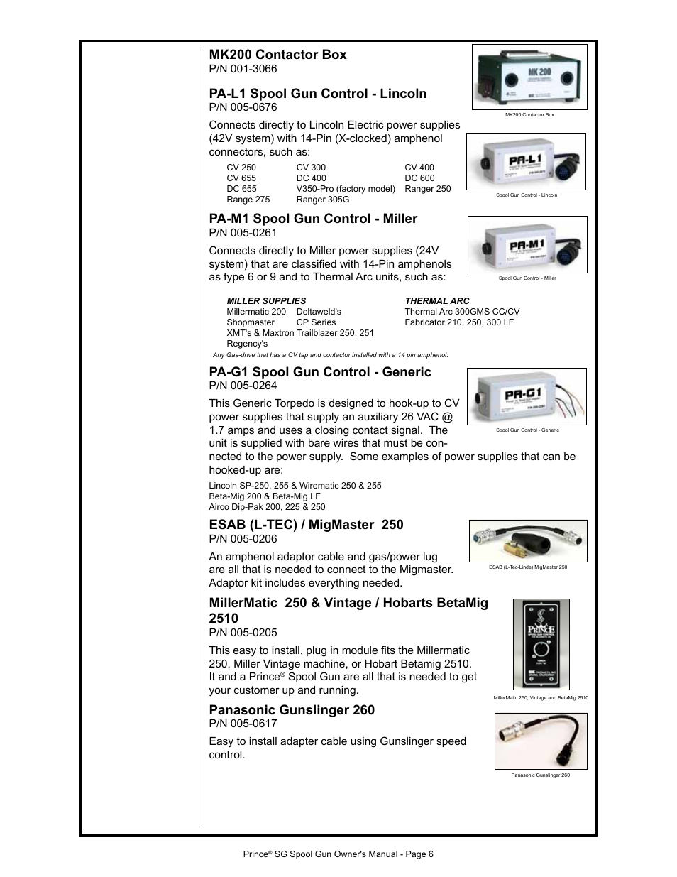 Mk200 contactor box, Pa-l1 spool gun control - lincoln, Pa-m1 spool gun control - miller | Pa-g1 spool gun control - generic, Esab (l-tec) / migmaster 250, Panasonic gunslinger 260 | MK Products Prince SG User Manual | Page 14 / 30