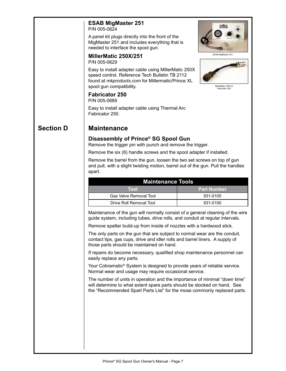 Esab migmaster 251, Fabricator 250, Disassembly of prince | Sg spool gun, Maintenance tools | MK Products Prince SG User Manual | Page 15 / 30