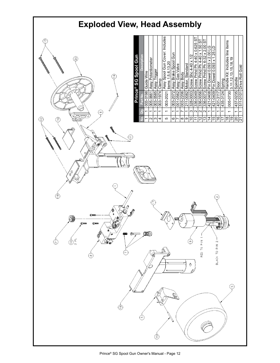 Exploded view, head assembly | MK Products Prince SG User Manual | Page 20 / 30