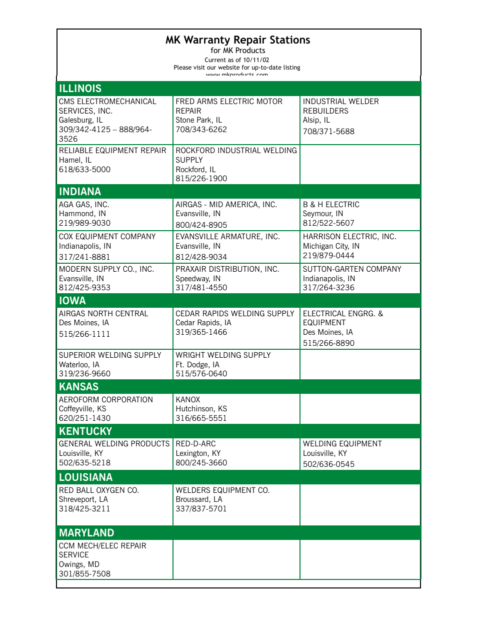 Mk warranty repair stations, Illinois, Indiana | Iowa, Kansas, Kentucky, Louisiana, Maryland | MK Products RoboKing User Manual | Page 23 / 33