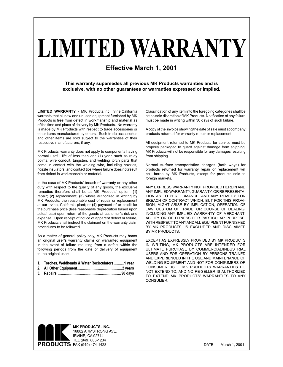 Limited warranty | MK Products RoboKing User Manual | Page 32 / 33