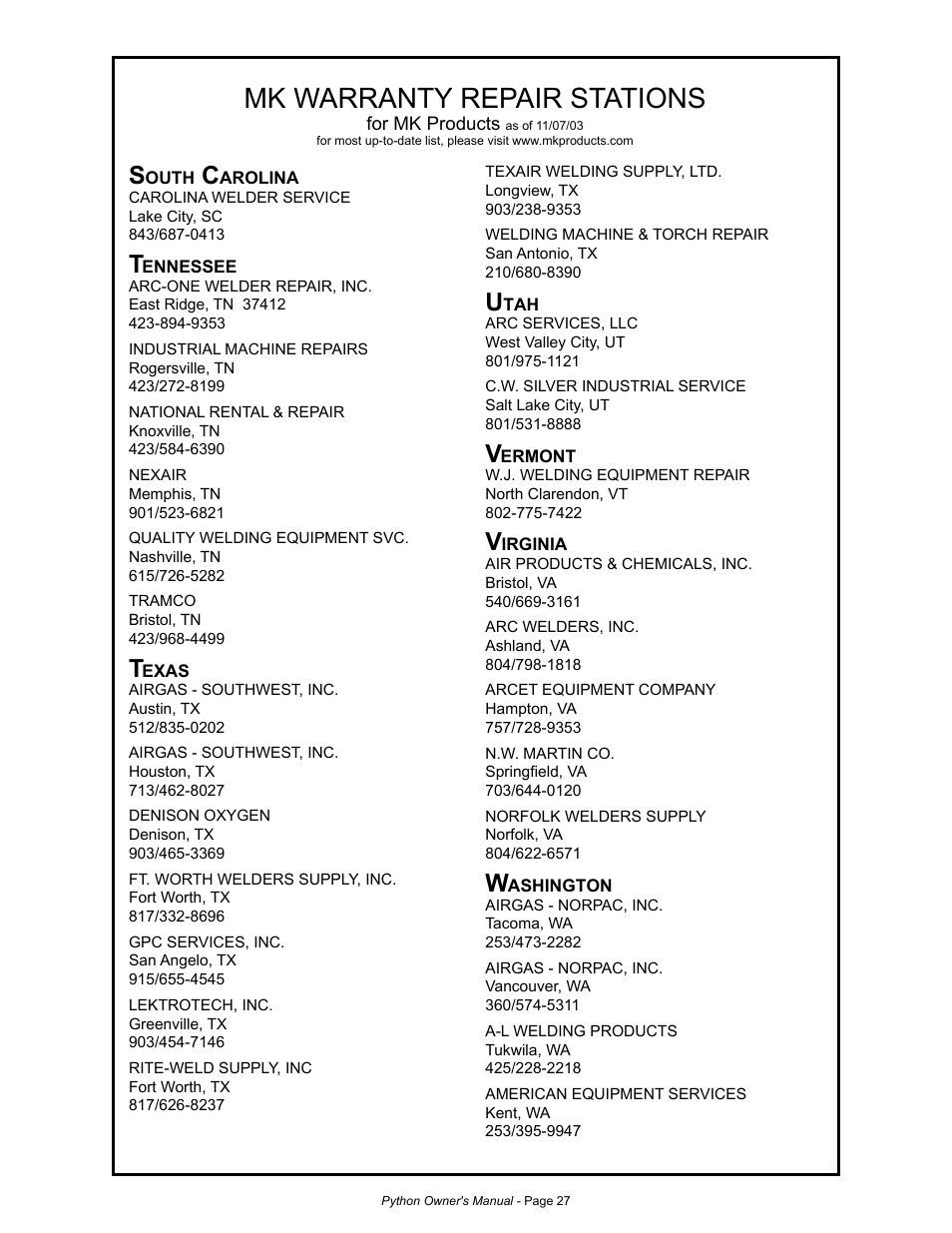 Mk warranty repair stations | MK Products Python Rev.D User Manual | Page 34 / 40