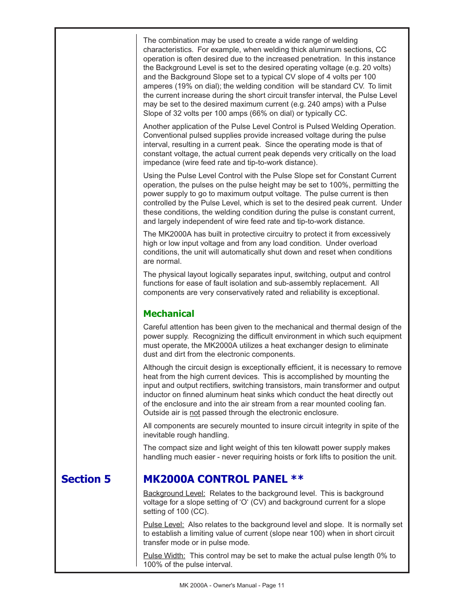 Mechanical, Section 5 mk2000a control panel | MK Products MK 2000A User Manual | Page 11 / 29