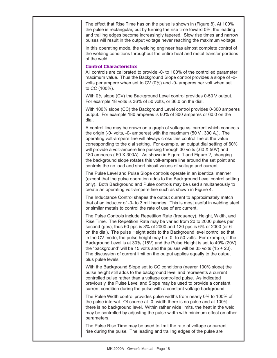 Control characteristics | MK Products MK 2000A User Manual | Page 18 / 29