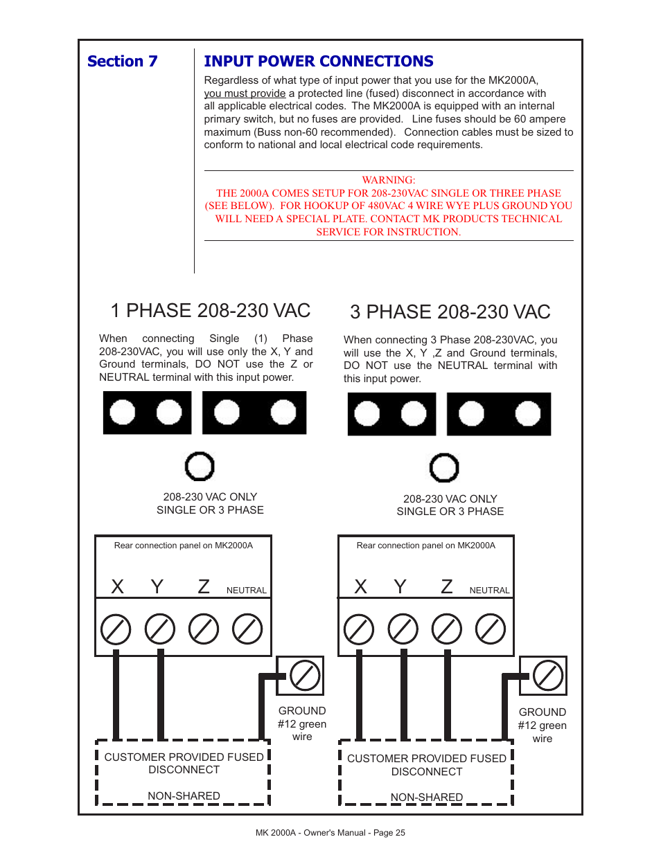 Section 7 input power connections, X y z | MK Products MK 2000A User Manual | Page 25 / 29
