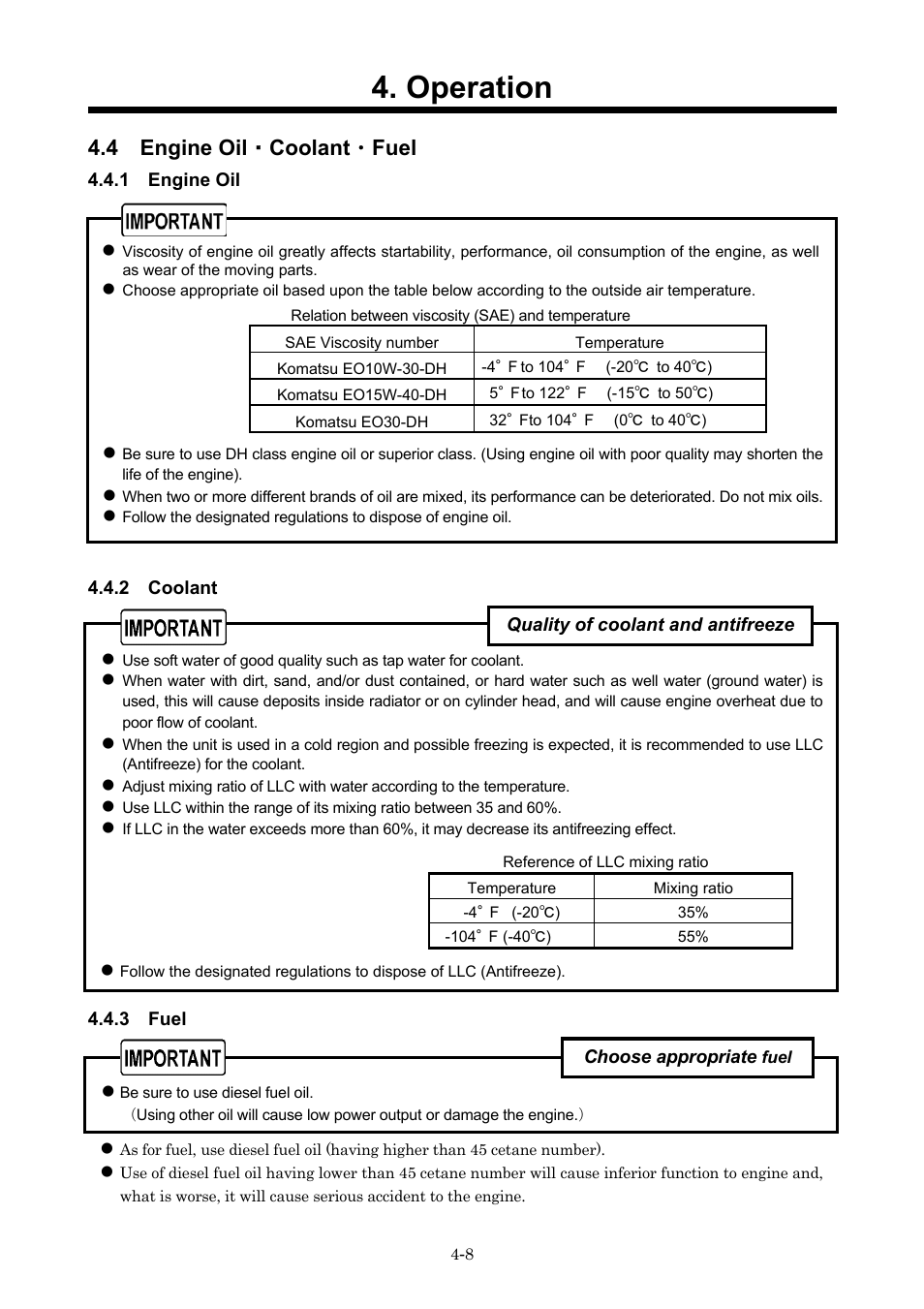 4 engine oil・coolant・fuel, Operation, 4 engine oil ・ coolant ・ fuel | MMD Equipment 400S-6B1 User Manual | Page 31 / 68