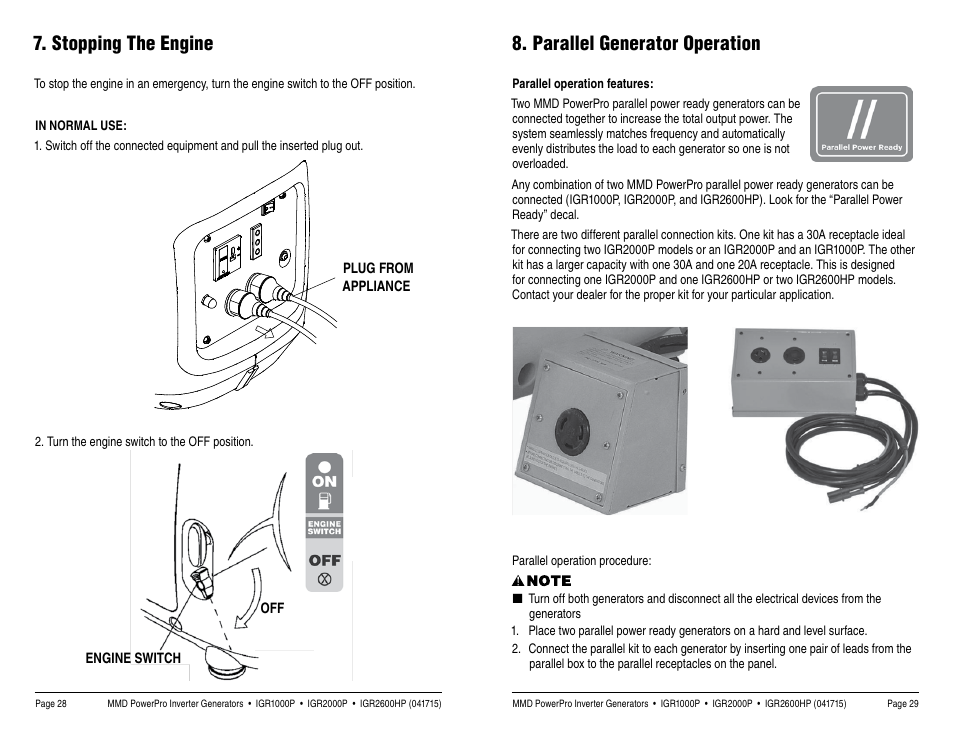 Stopping the engine, Parallel generator operation | MMD Equipment IGR1000 User Manual | Page 15 / 27