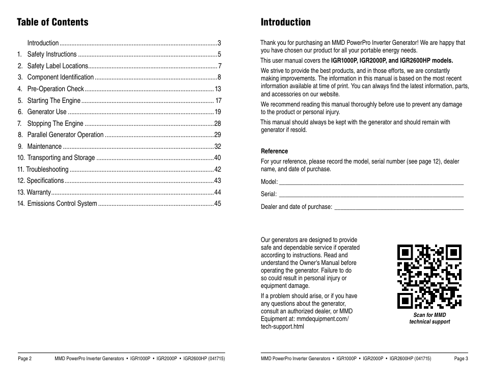 Table of contents introduction | MMD Equipment IGR1000 User Manual | Page 2 / 27