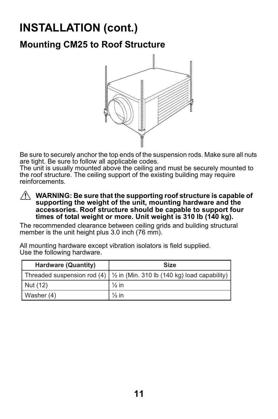 Mounting cm25 to roof structure, Installation (cont.) | MovinCool CM25 User Manual | Page 11 / 60