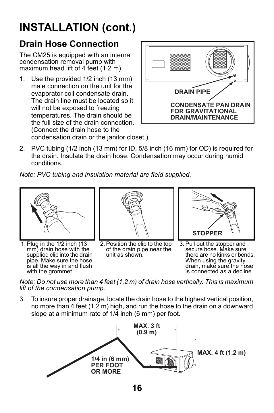 Drain hose connection, Installation (cont.) | MovinCool CM25 User Manual | Page 16 / 60