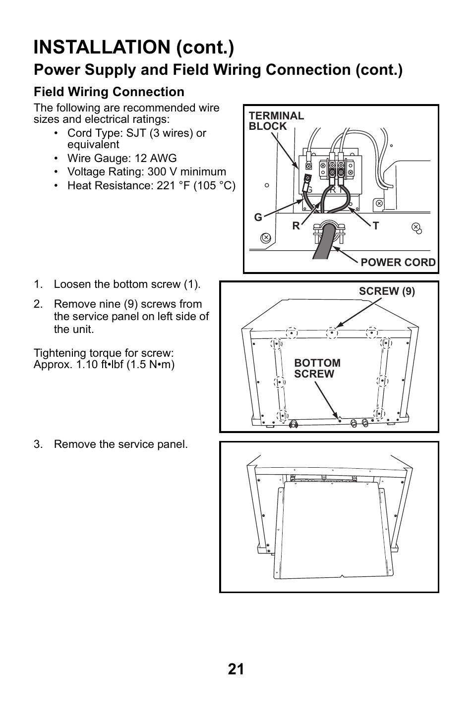 Installation (cont.), Power supply and field wiring connection (cont.) | MovinCool CM25 User Manual | Page 21 / 60