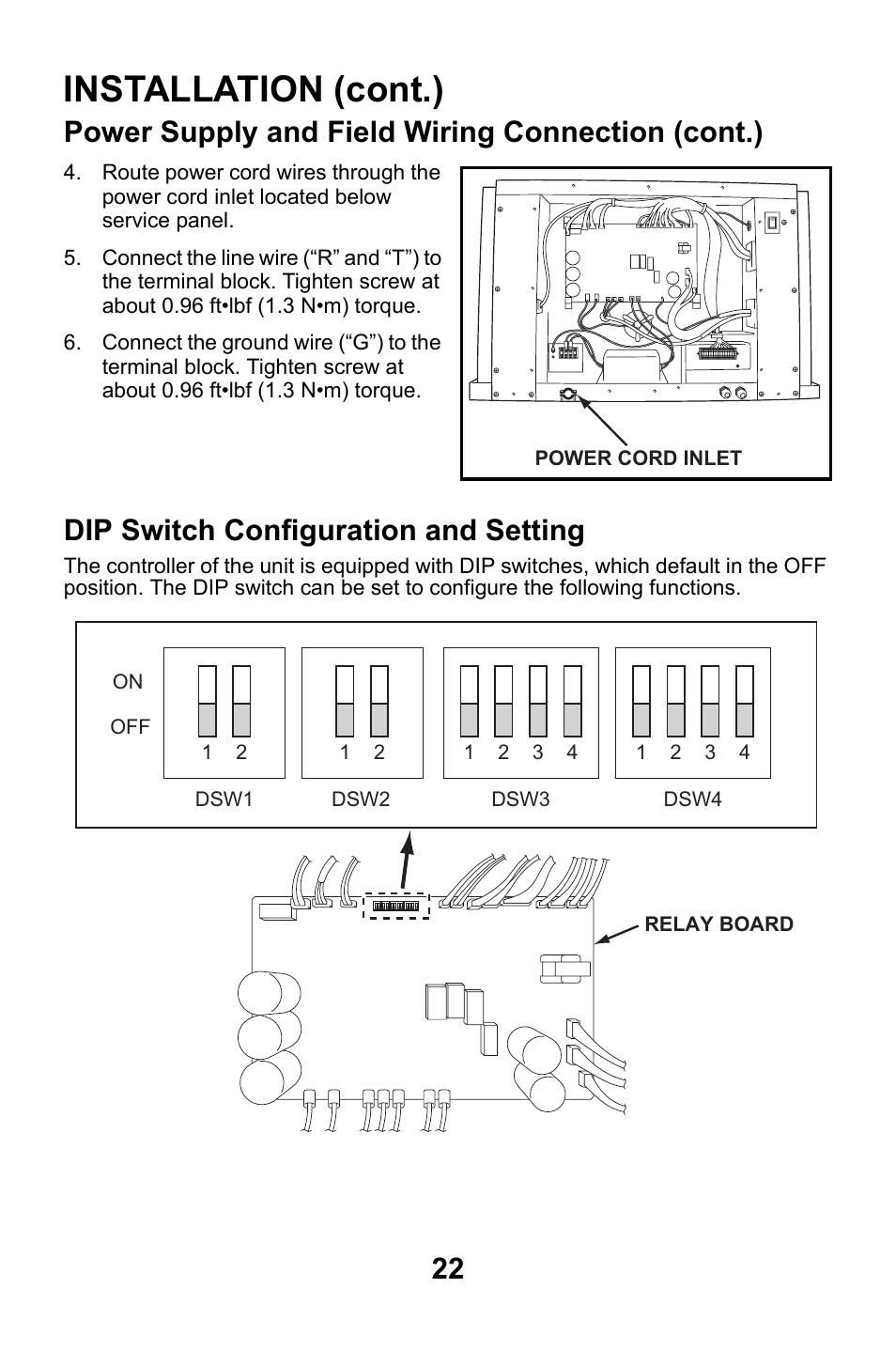 Dip switch configuration and setting, Installation (cont.), Power supply and field wiring connection (cont.) | MovinCool CM25 User Manual | Page 22 / 60