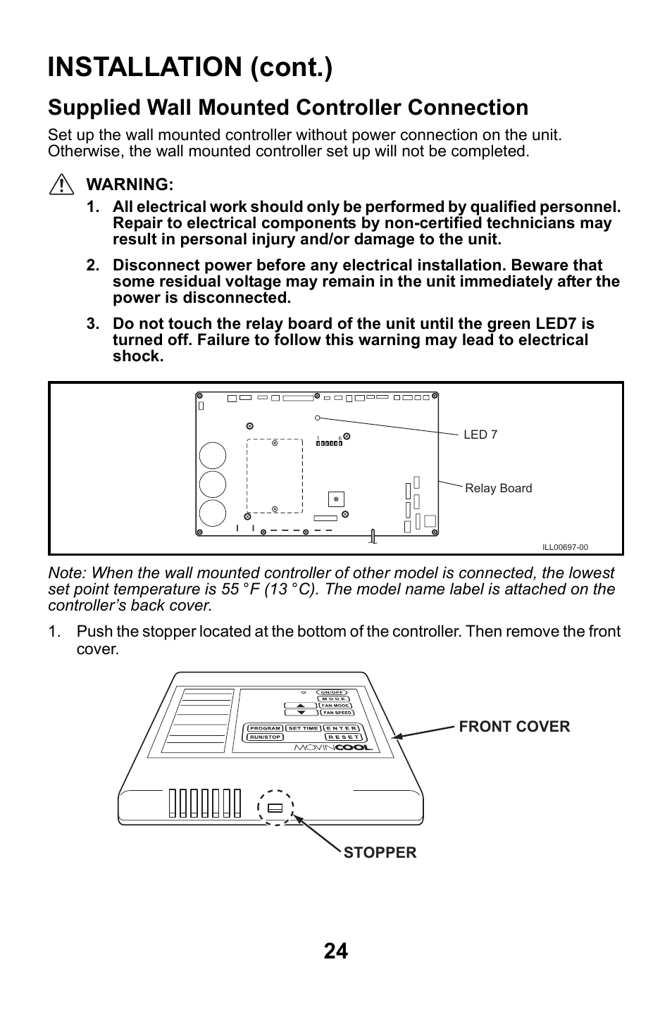 Supplied wall mounted controller connection, Installation (cont.) | MovinCool CM25 User Manual | Page 24 / 60