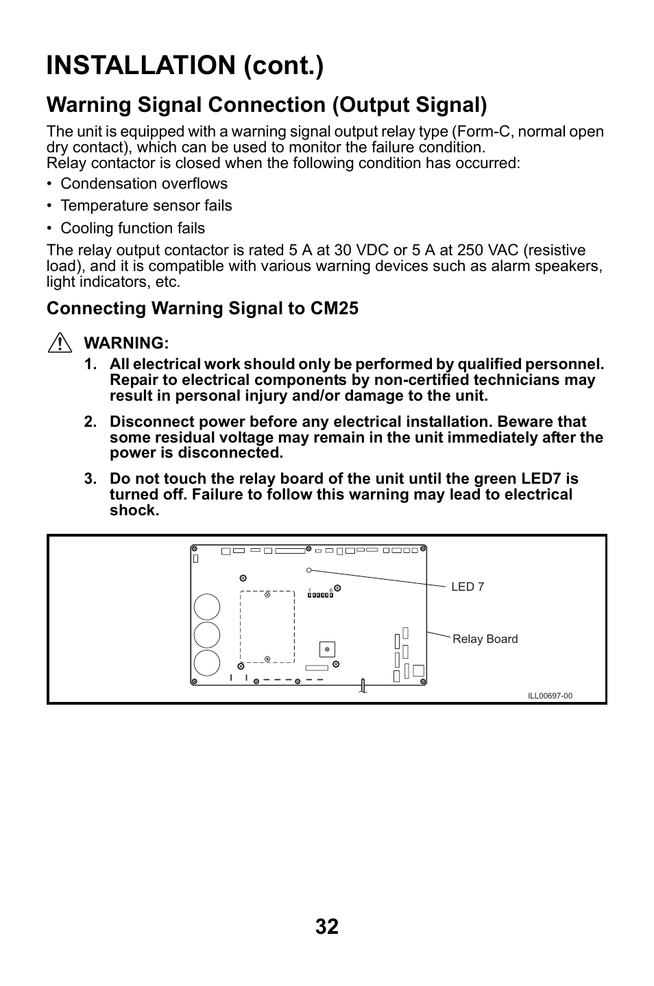 Warning signal connection (output signal), Installation (cont.), Connecting warning signal to cm25 | MovinCool CM25 User Manual | Page 32 / 60