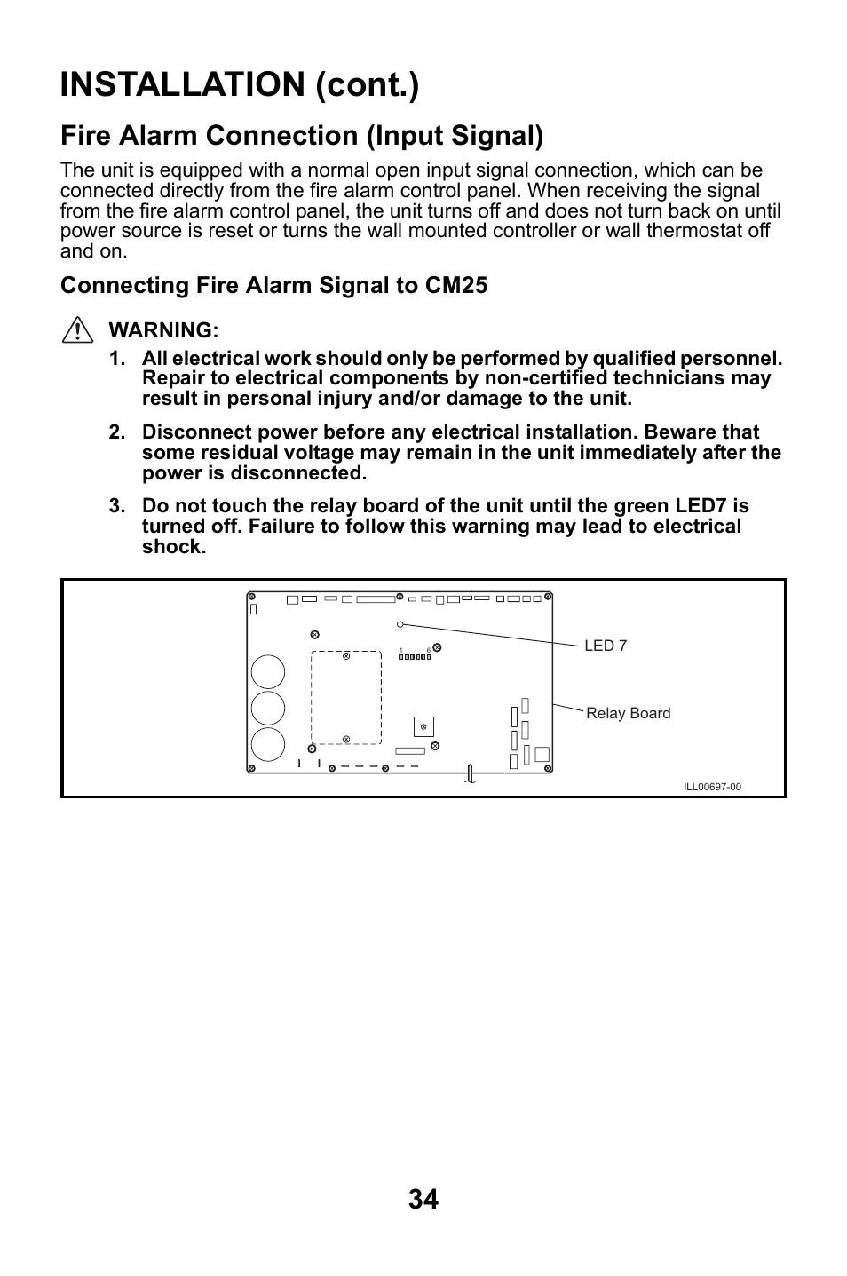 Fire alarm connection (input signal), Installation (cont.), Connecting fire alarm signal to cm25 | MovinCool CM25 User Manual | Page 34 / 60