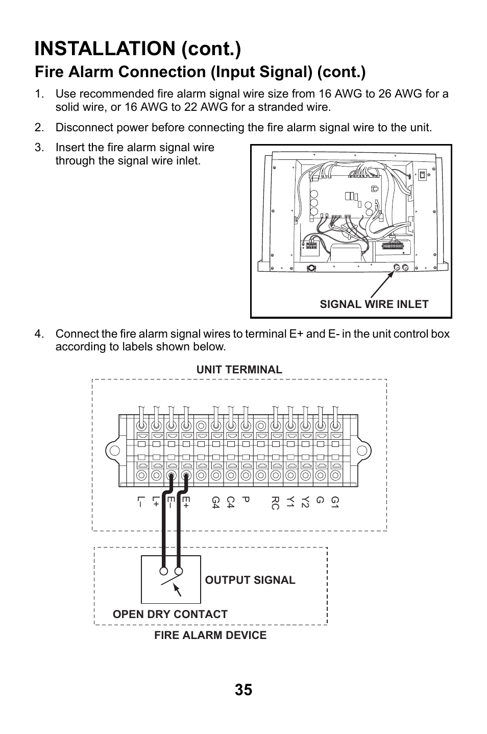 Installation (cont.), Fire alarm connection (input signal) (cont.) | MovinCool CM25 User Manual | Page 35 / 60