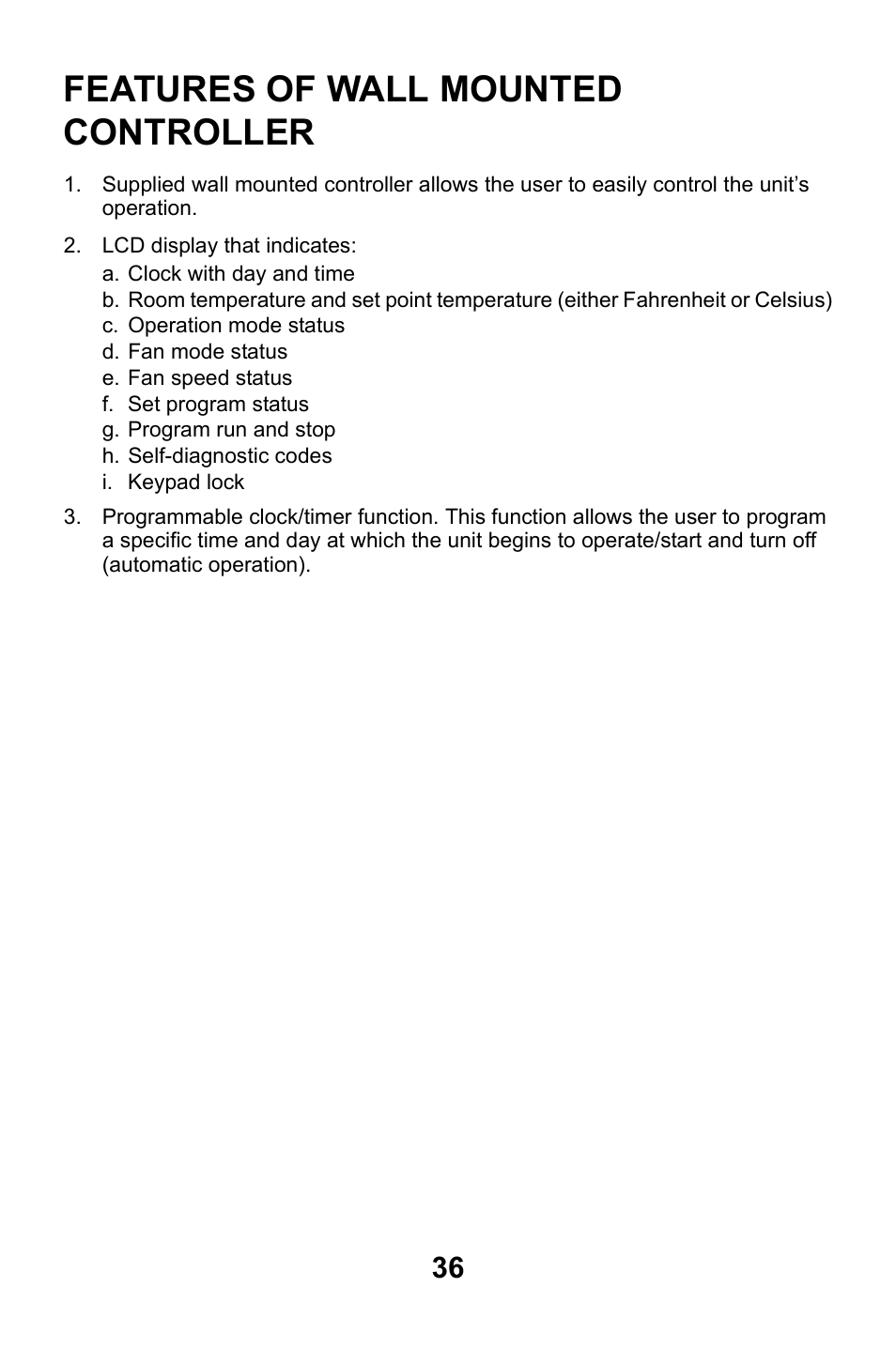 Features of wall mounted controller | MovinCool CM25 User Manual | Page 36 / 60