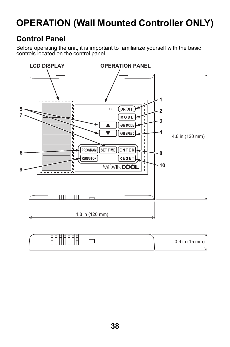 Operation (wall mounted controller only), Control panel | MovinCool CM25 User Manual | Page 38 / 60