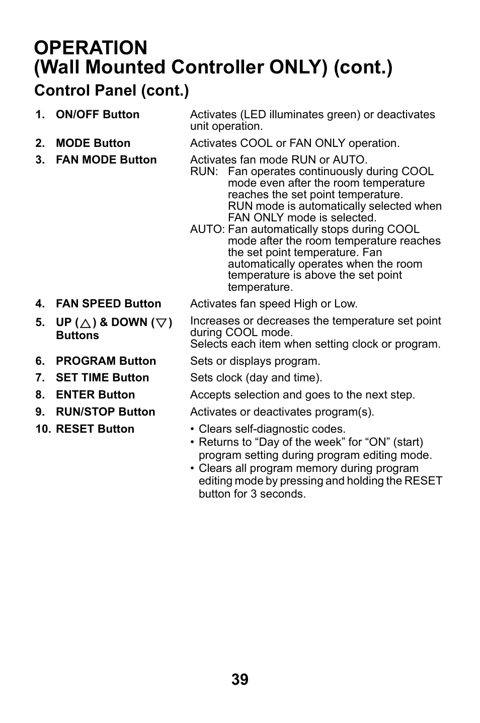 Operation (wall mounted controller only) (cont.), Control panel (cont.) | MovinCool CM25 User Manual | Page 39 / 60