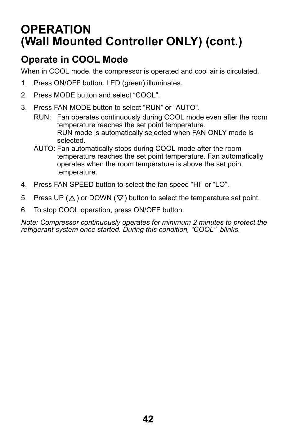 Operate in cool mode, Operation (wall mounted controller only) (cont.) | MovinCool CM25 User Manual | Page 42 / 60