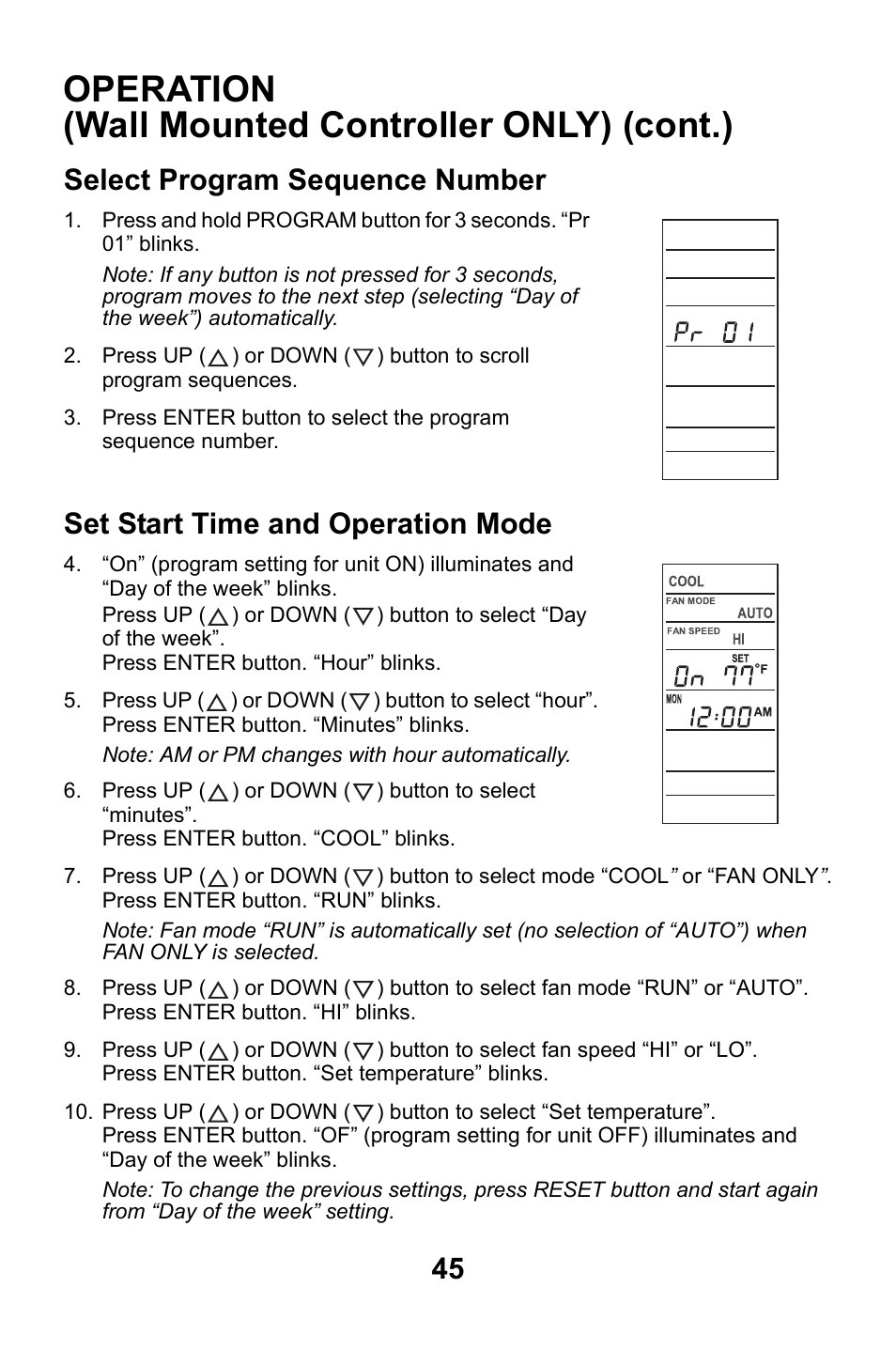 Select program sequence number, Set start time and operation mode, Operation (wall mounted controller only) (cont.) | MovinCool CM25 User Manual | Page 45 / 60
