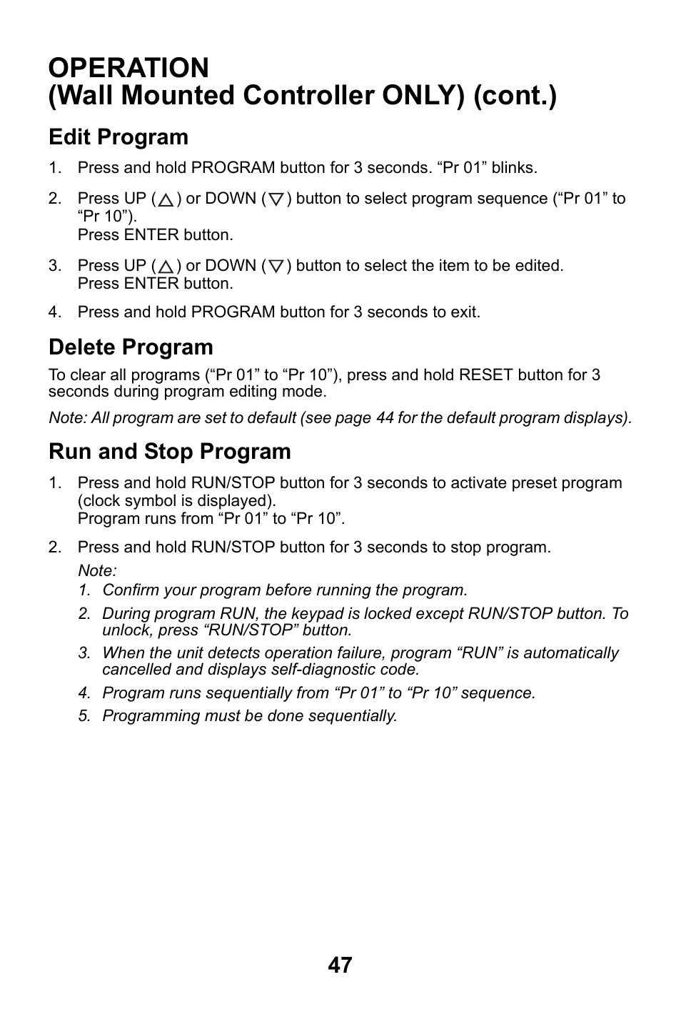 Edit program, Delete program, Run and stop program | Edit program delete program, Operation (wall mounted controller only) (cont.) | MovinCool CM25 User Manual | Page 47 / 60