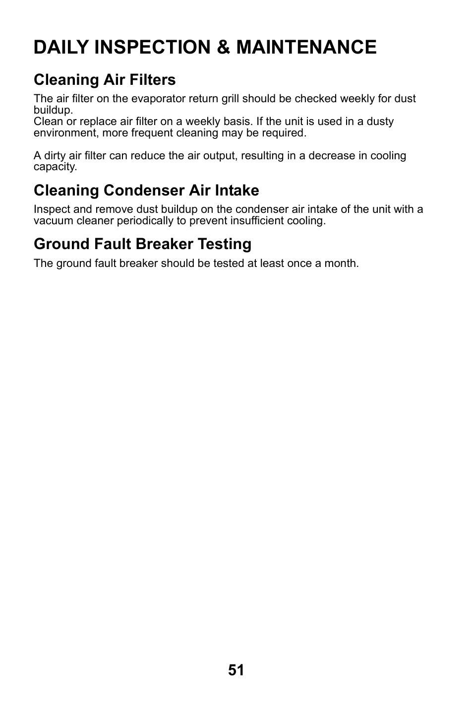 Daily inspection & maintenance, Cleaning air filters, Cleaning condenser air intake | Ground fault breaker testing | MovinCool CM25 User Manual | Page 51 / 60