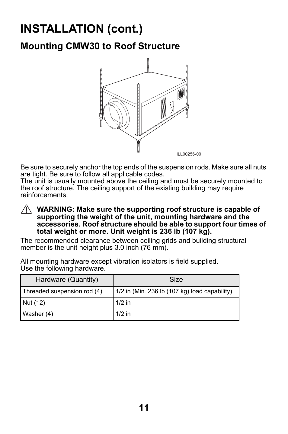 Mounting cmw30 to roof structure, Installation (cont.) | MovinCool CMW30 User Manual | Page 11 / 63