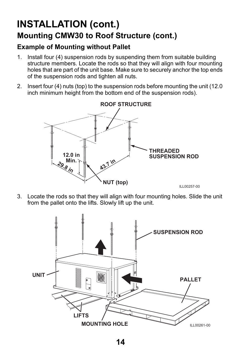 Installation (cont.), Mounting cmw30 to roof structure (cont.), Example of mounting without pallet | MovinCool CMW30 User Manual | Page 14 / 63