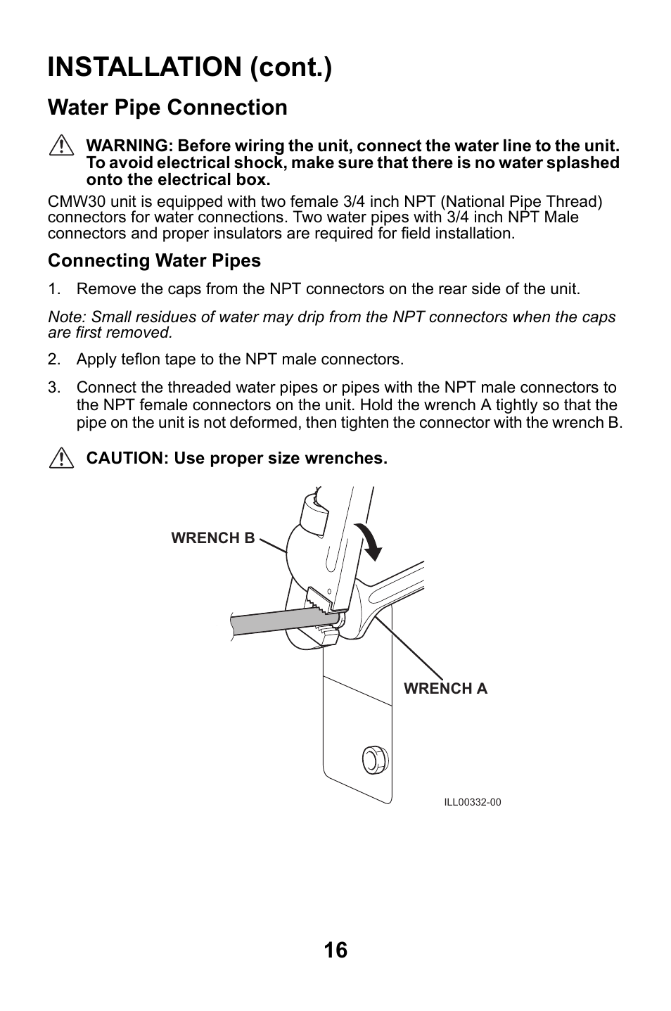 Water pipe connection, Installation (cont.) | MovinCool CMW30 User Manual | Page 16 / 63