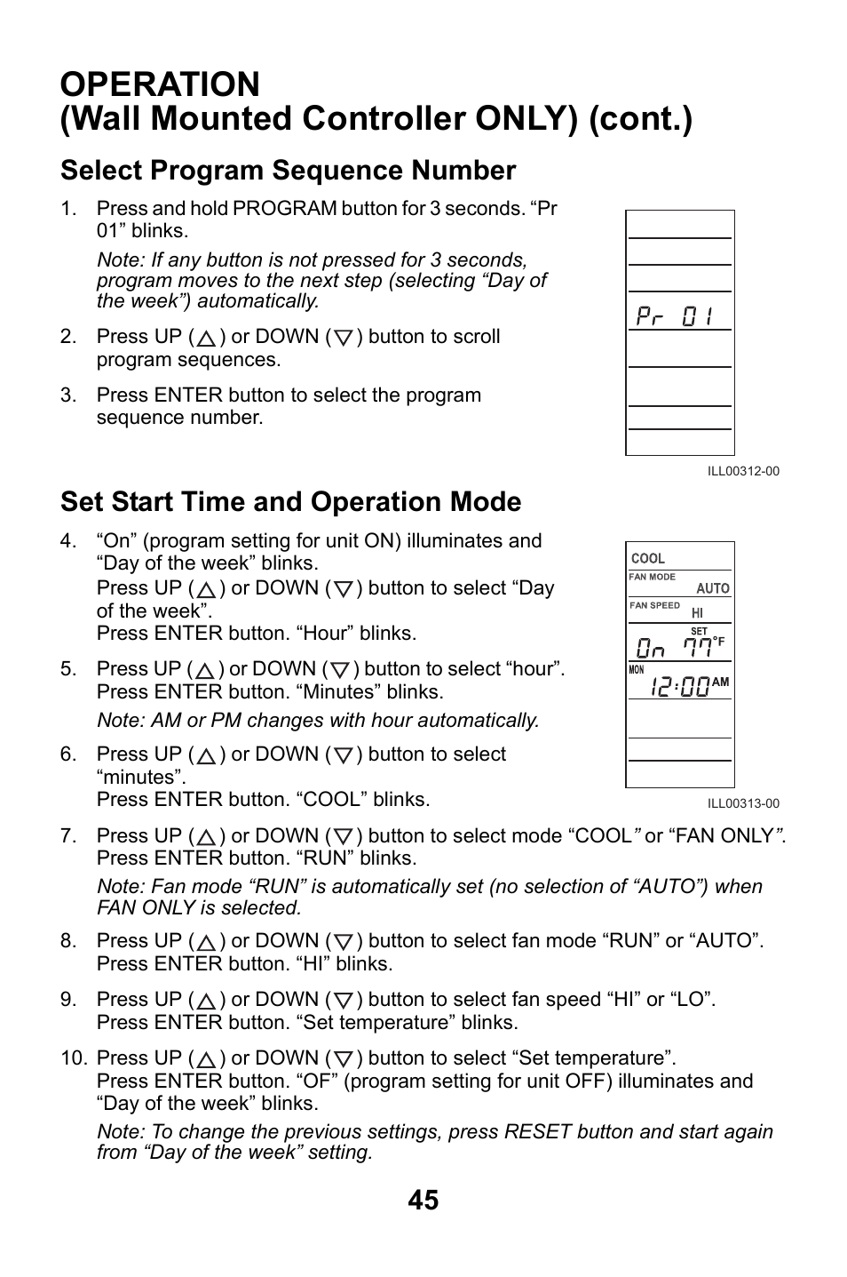 Select program sequence number, Set start time and operation mode, Operation (wall mounted controller only) (cont.) | MovinCool CMW30 User Manual | Page 45 / 63
