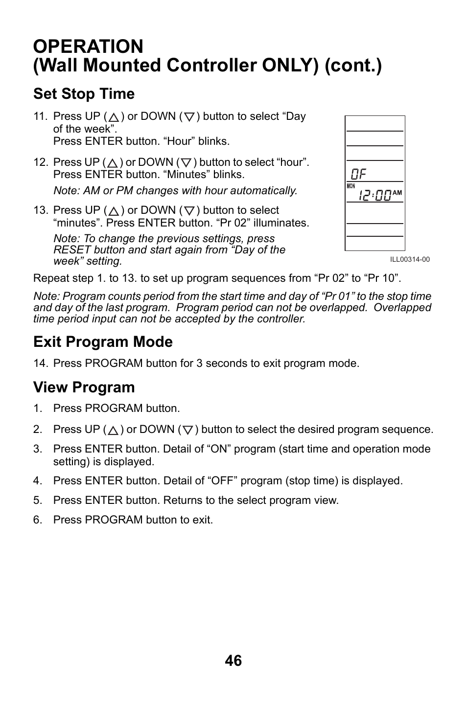 Set stop time, Exit program mode, View program | Set stop time exit program mode view program, Operation (wall mounted controller only) (cont.) | MovinCool CMW30 User Manual | Page 46 / 63