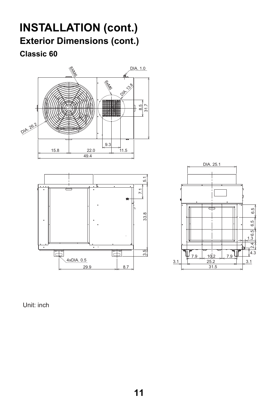 Installation (cont.), Exterior dimensions (cont.), Classic 60 | Unit: inch | MovinCool Classic 40 User Manual | Page 11 / 46
