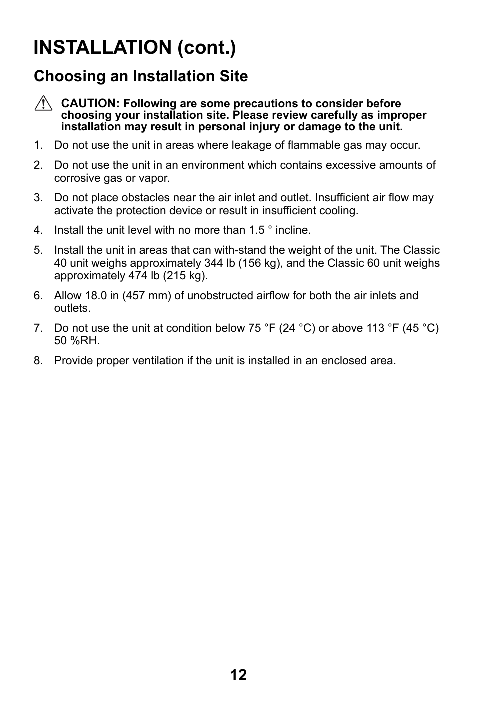 Choosing an installation site, Installation (cont.) | MovinCool Classic 40 User Manual | Page 12 / 46