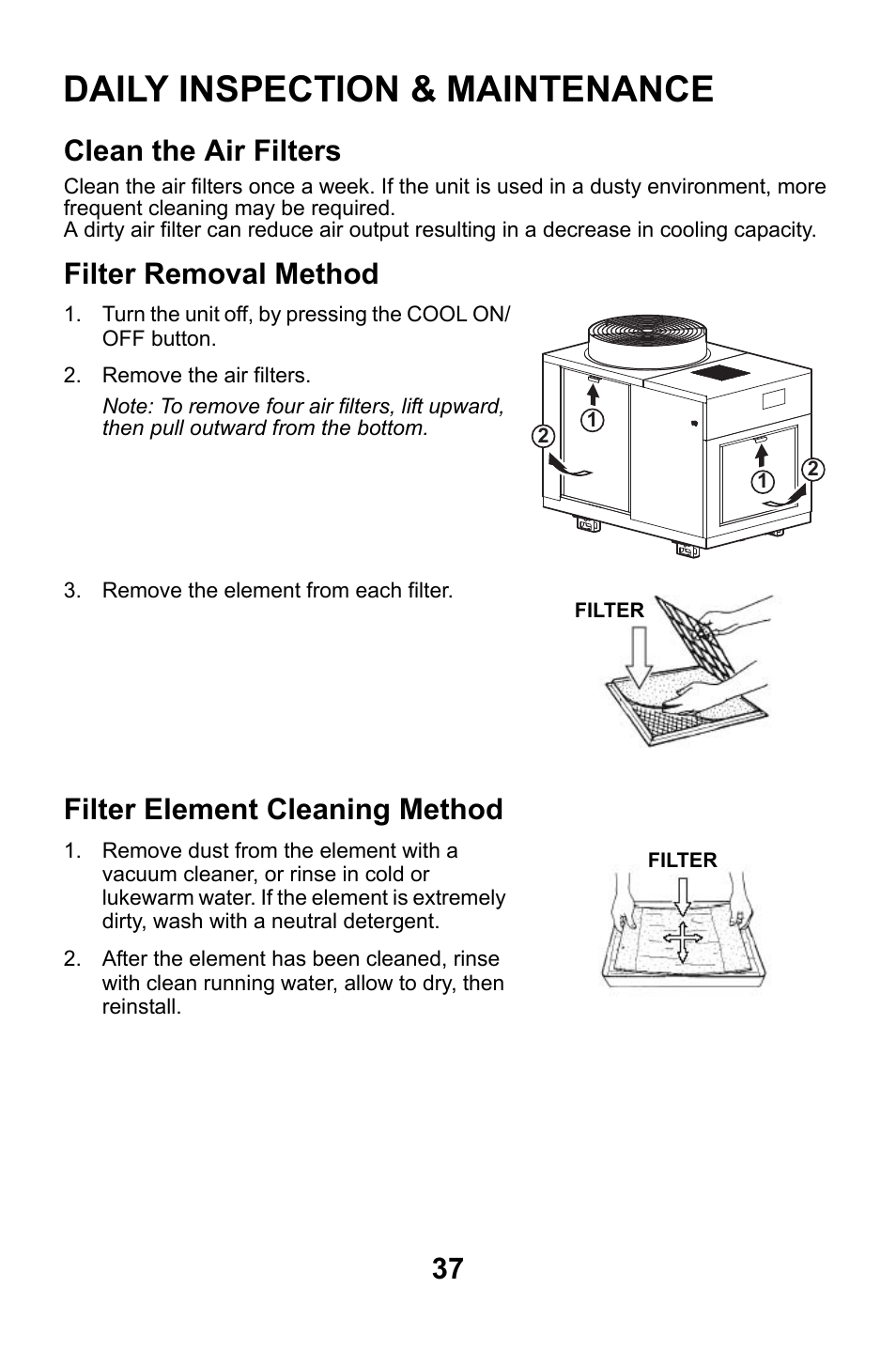 Daily inspection & maintenance, Clean the air filters, Filter removal method | Filter element cleaning method | MovinCool Classic 40 User Manual | Page 37 / 46
