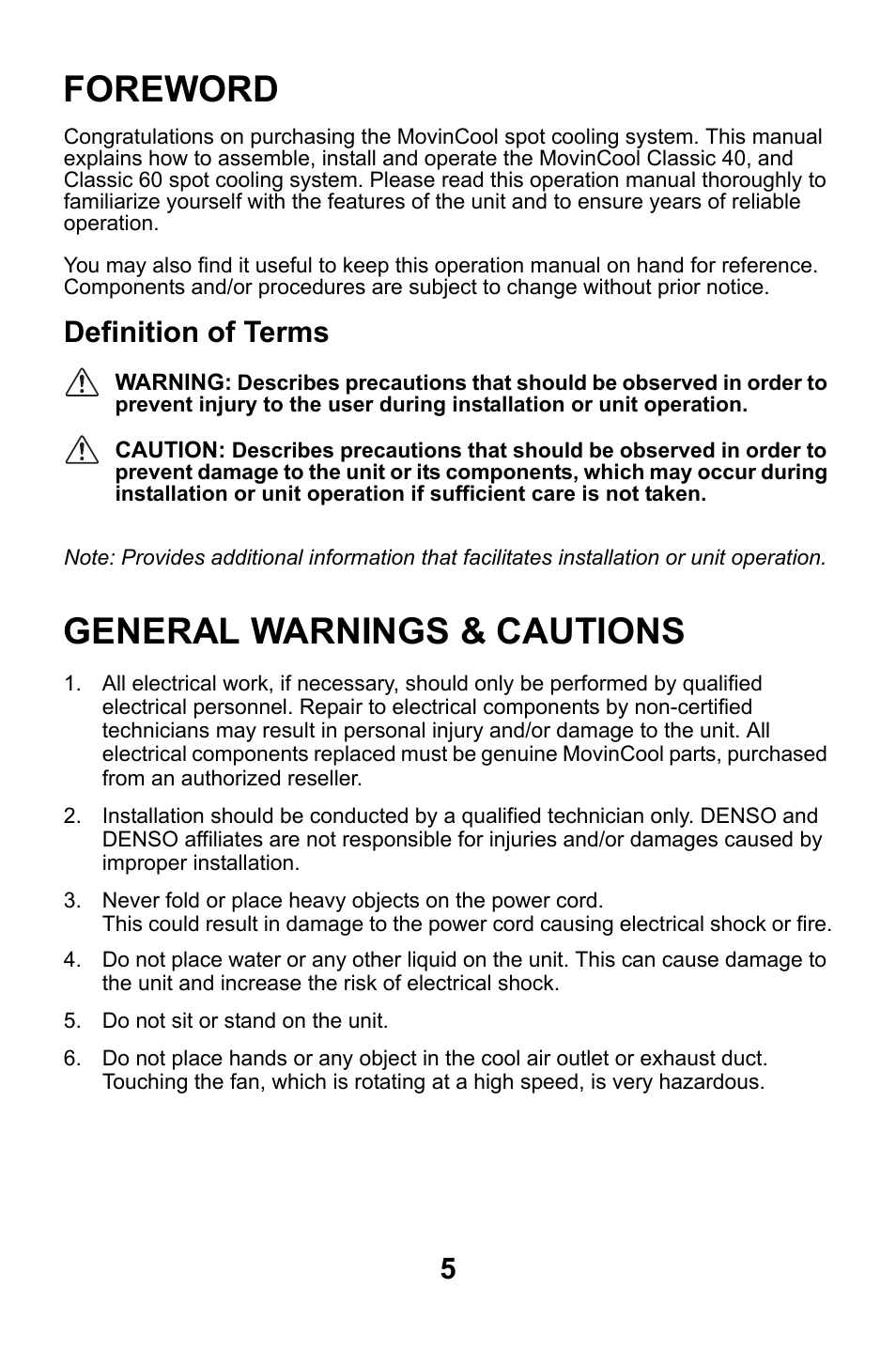Foreword, Definition of terms, General warnings & cautions | MovinCool Classic 40 User Manual | Page 5 / 46