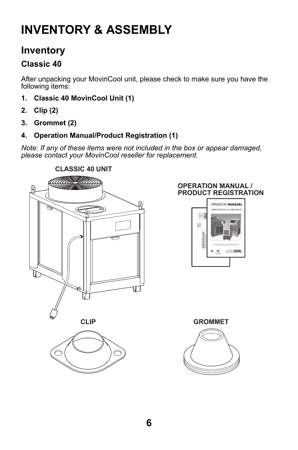 Inventory & assembly, Inventory | MovinCool Classic 40 User Manual | Page 6 / 46