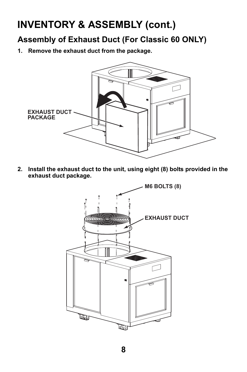 Assembly of exhaust duct (for classic 60 only), Inventory & assembly (cont.) | MovinCool Classic 40 User Manual | Page 8 / 46