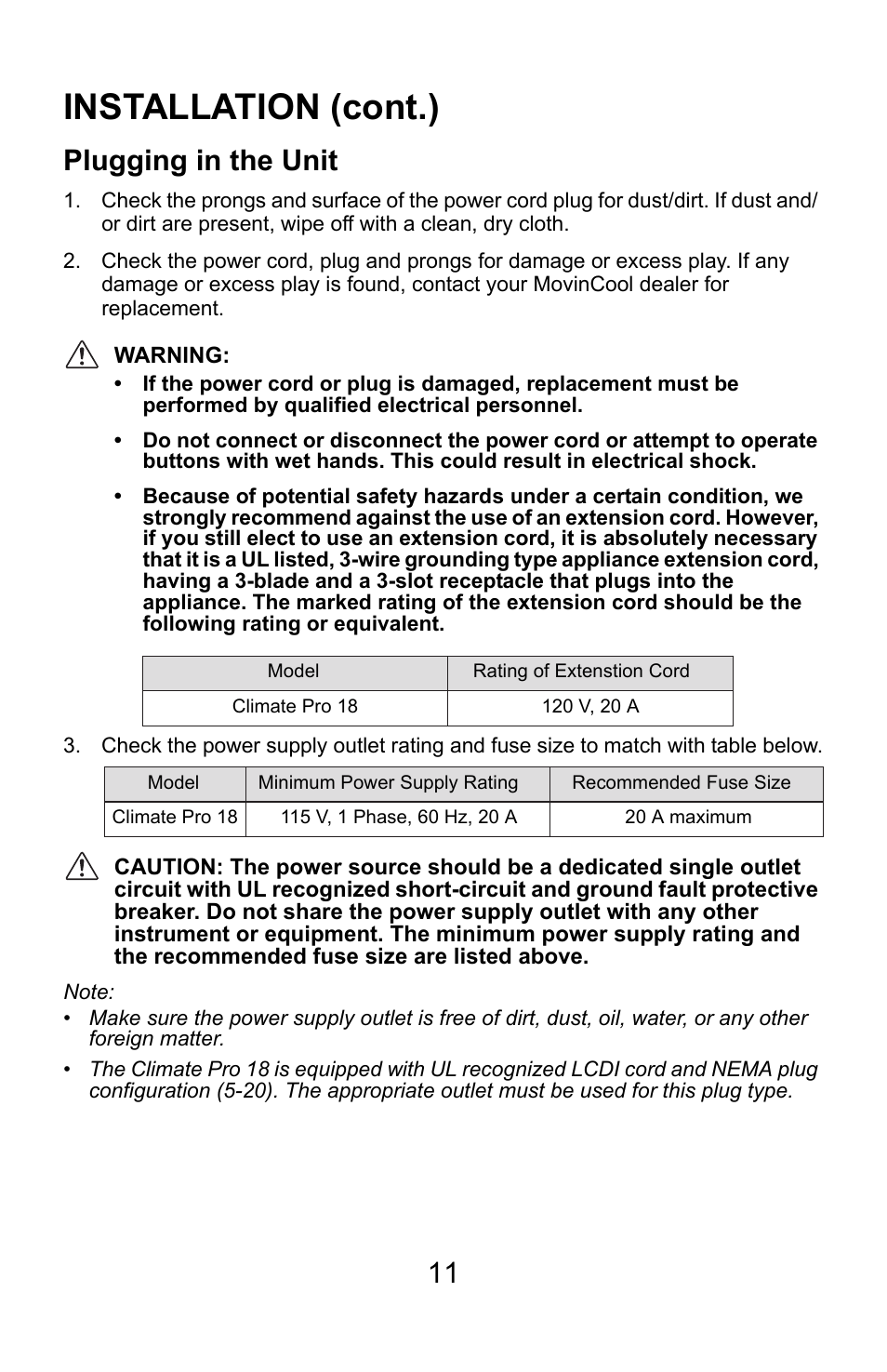 Installation (cont.), Plugging in the unit | MovinCool Climate Pro 18 User Manual | Page 11 / 52