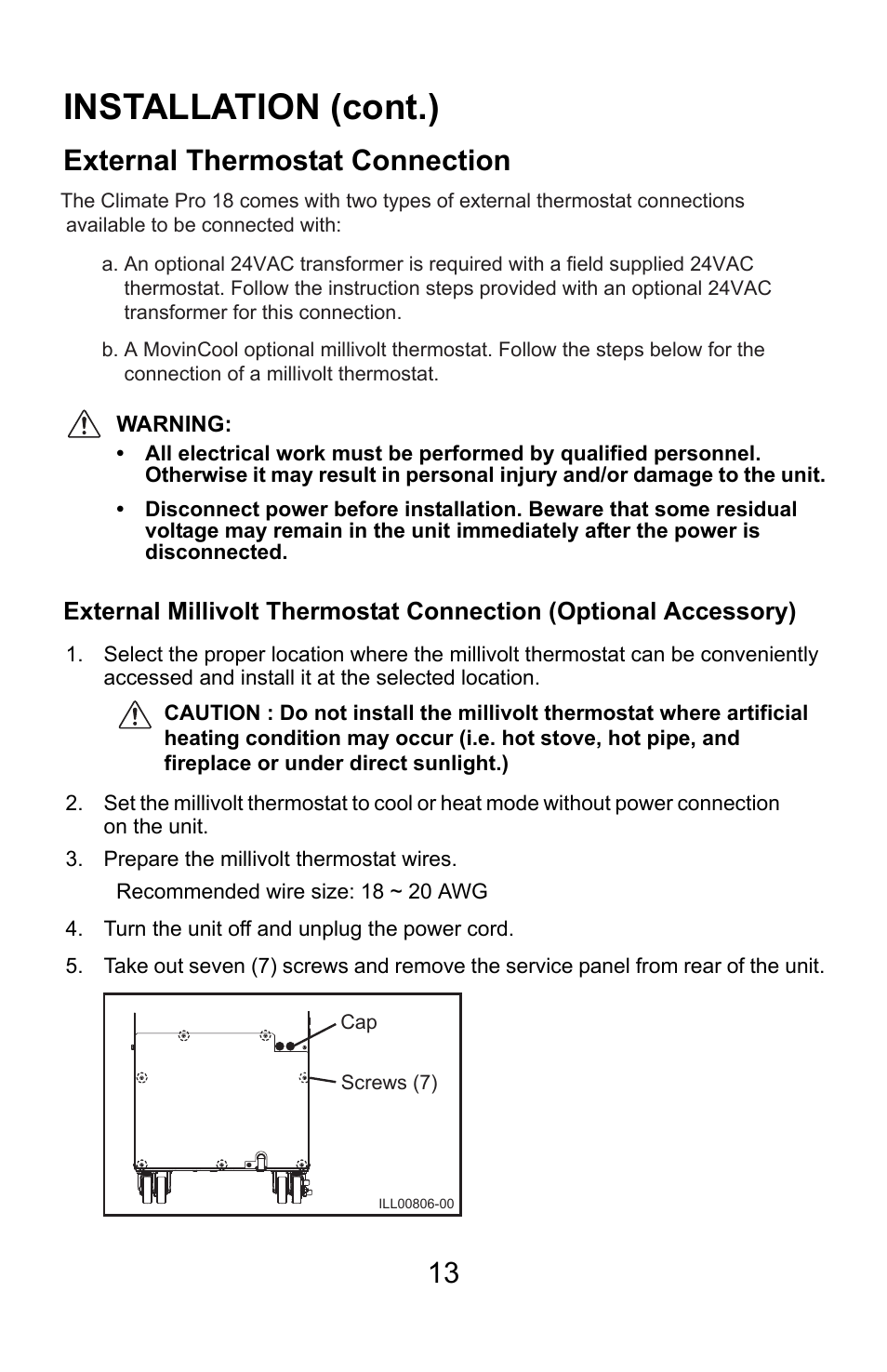Installation (cont.), External thermostat connection | MovinCool Climate Pro 18 User Manual | Page 13 / 52