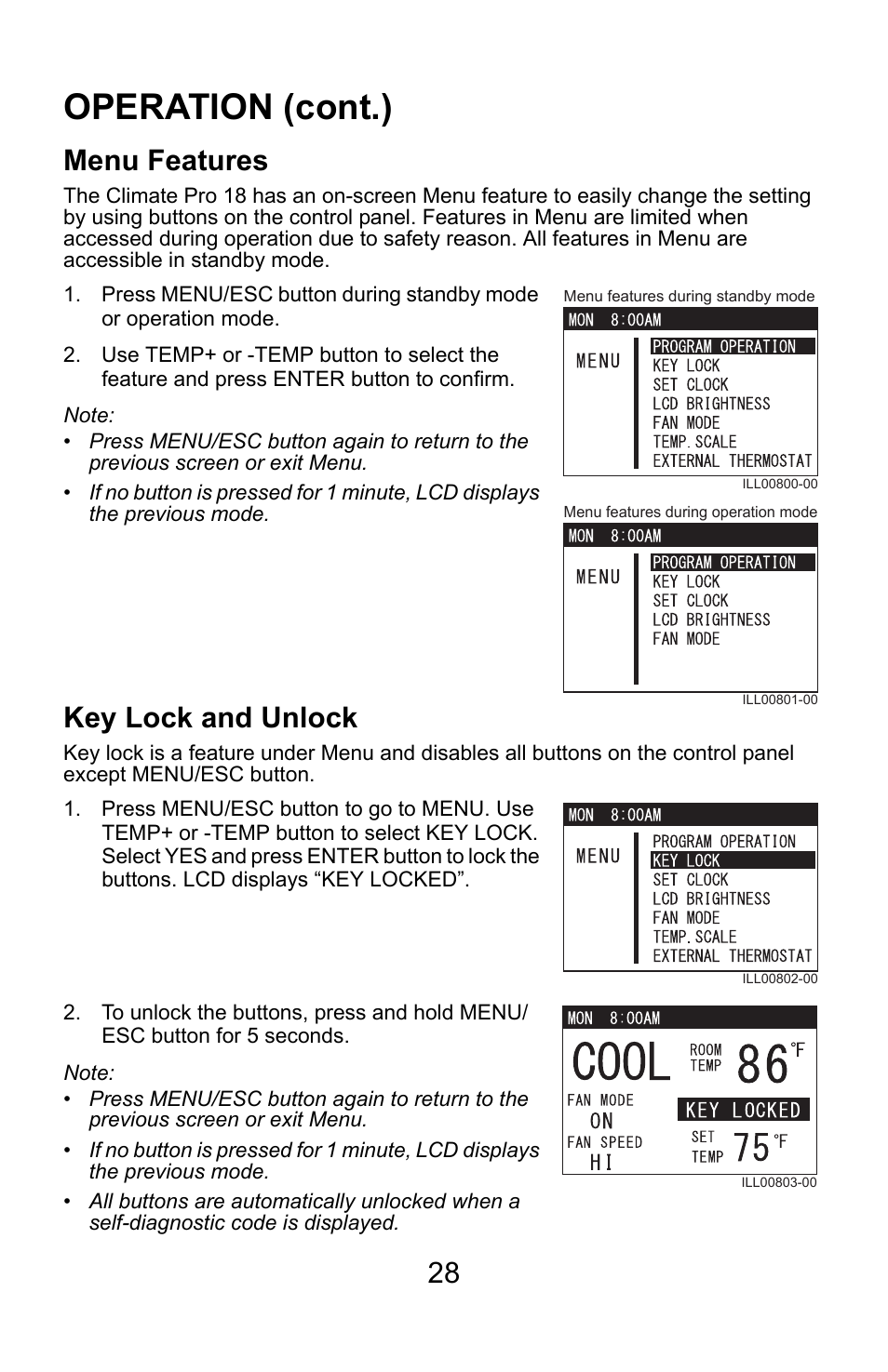 Operation (cont.), Menu features, Key lock and unlock | MovinCool Climate Pro 18 User Manual | Page 28 / 52