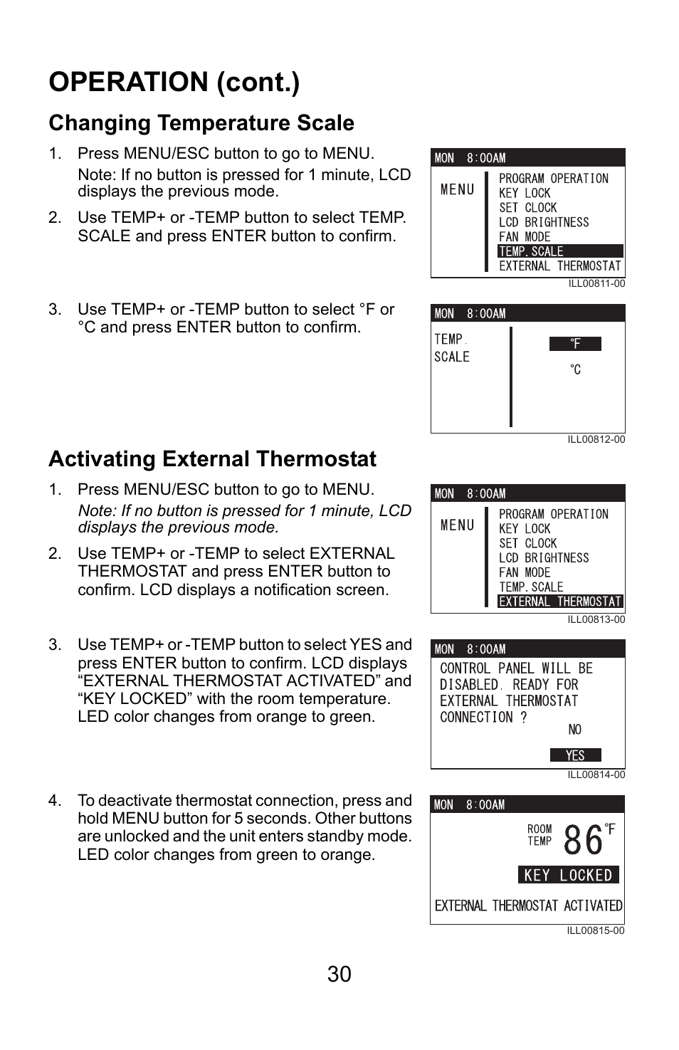 Operation (cont.), Changing temperature scale, Activating external thermostat | MovinCool Climate Pro 18 User Manual | Page 30 / 52