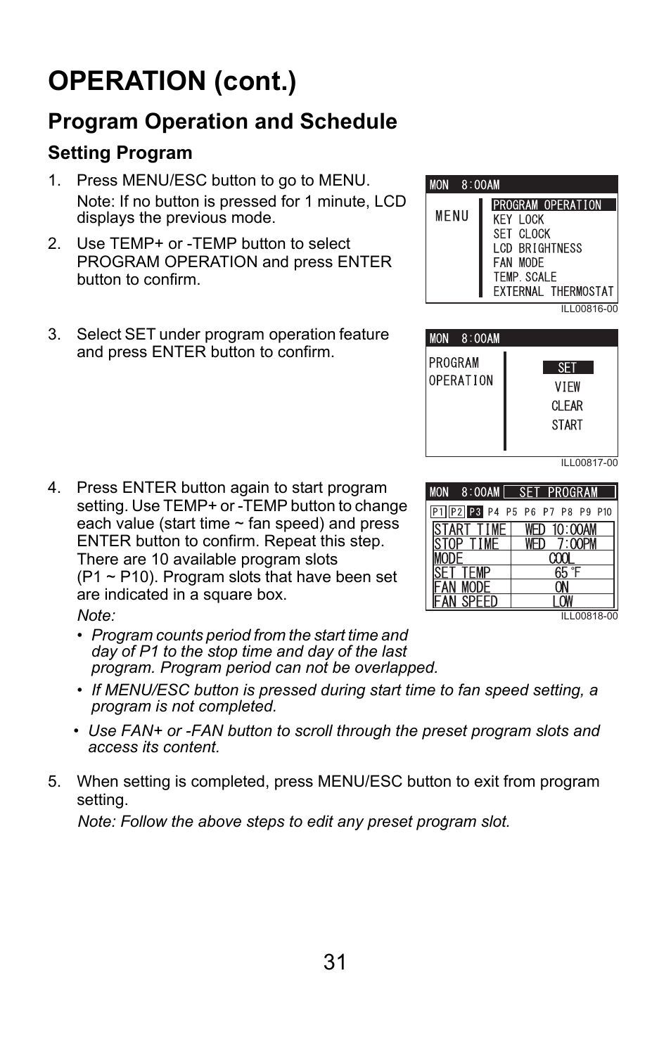 Operation (cont.), Program operation and schedule, Setting program | MovinCool Climate Pro 18 User Manual | Page 31 / 52