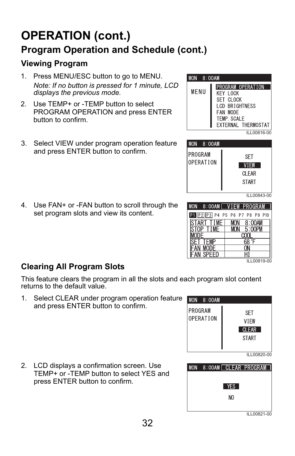 Operation (cont.), Program operation and schedule (cont.), Viewing program | Clearing all program slots | MovinCool Climate Pro 18 User Manual | Page 32 / 52